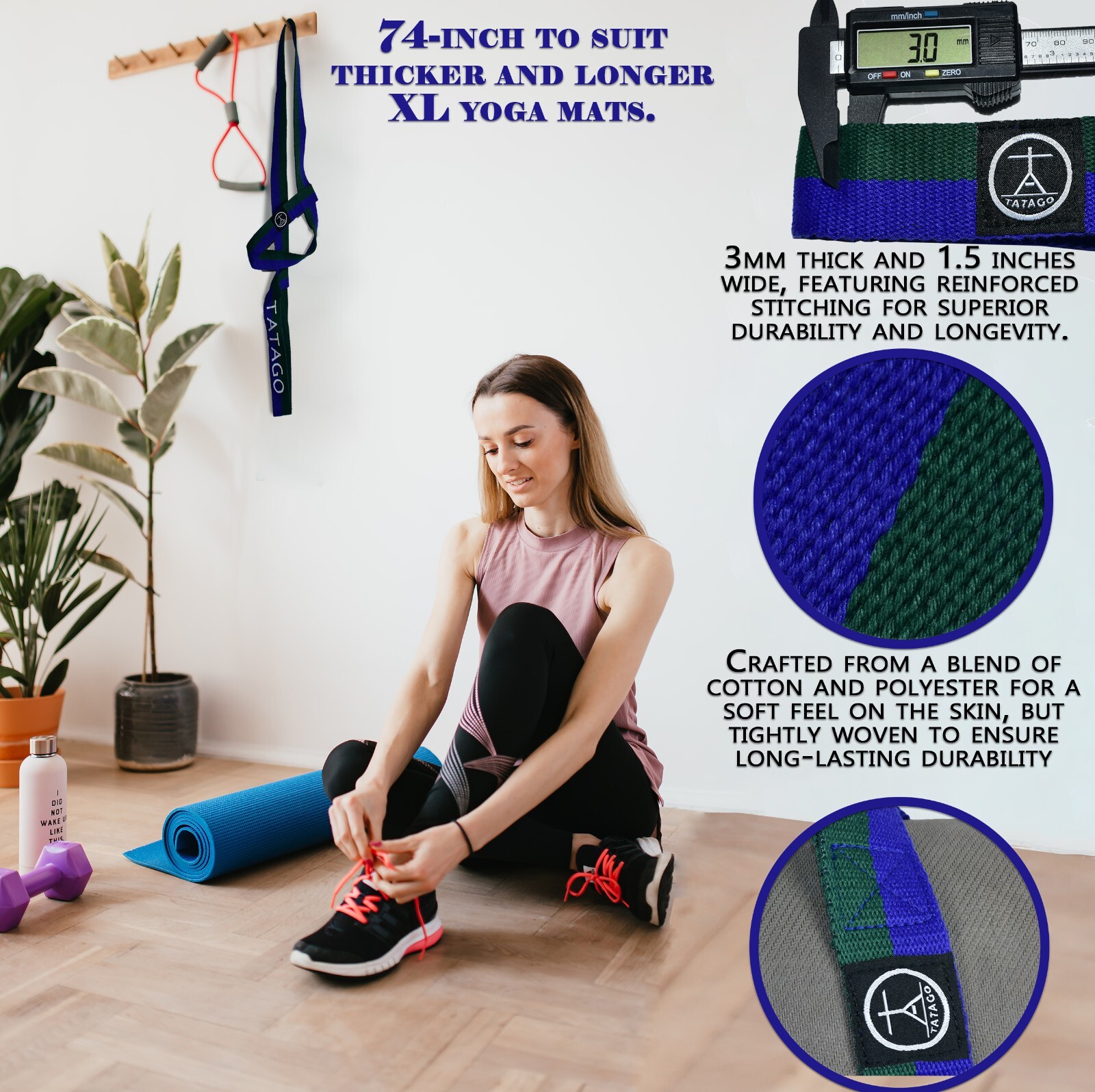 Cotton Adjustable Yoga Mat Strap for Carrying XL Yoga Mats & Stretching Strap. 