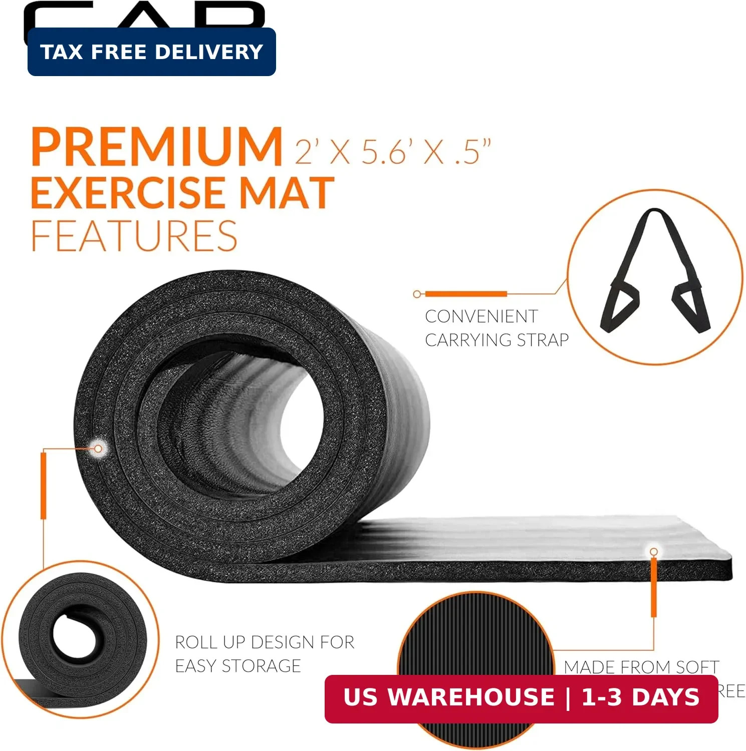 CAP Barbell 1/2-Inch High Density Exercise Yoga Mat with Strap | Multiple Option