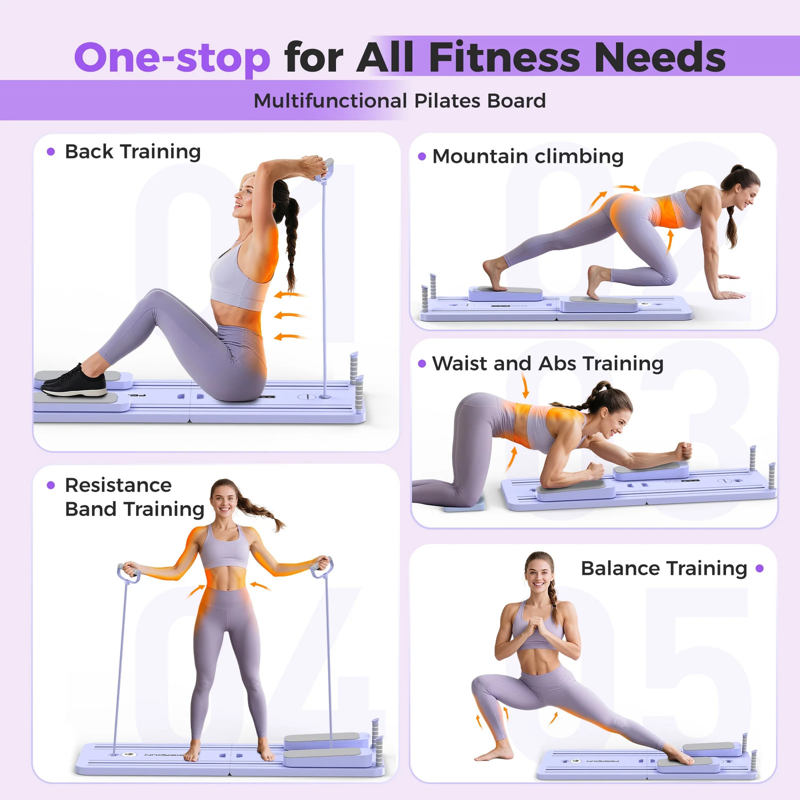 5-in-1 Folding Pilates Board, Portable Home Reformer for Women (Purple)