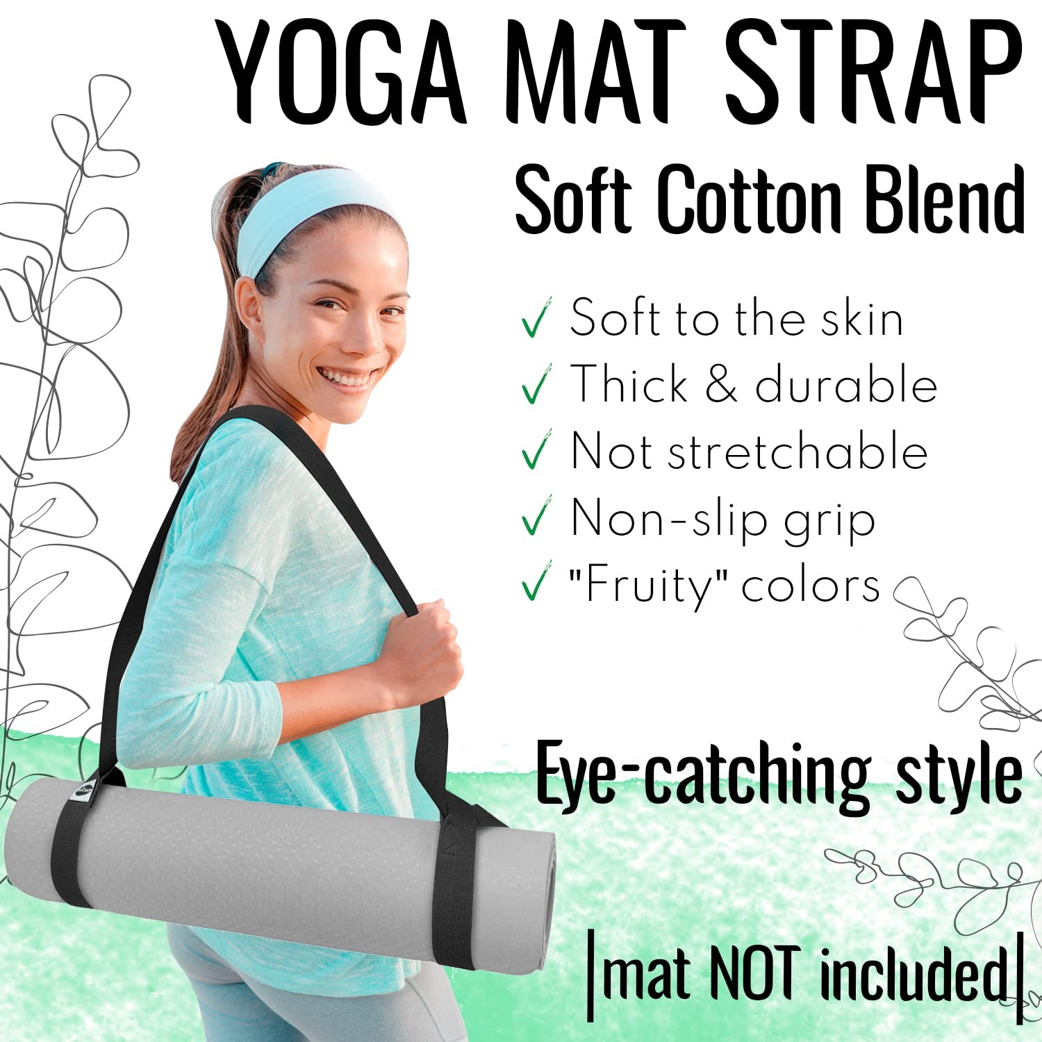TECEUM Yoga Mat Strap – Black & 30+ Colors – Adjustable 64 IN,