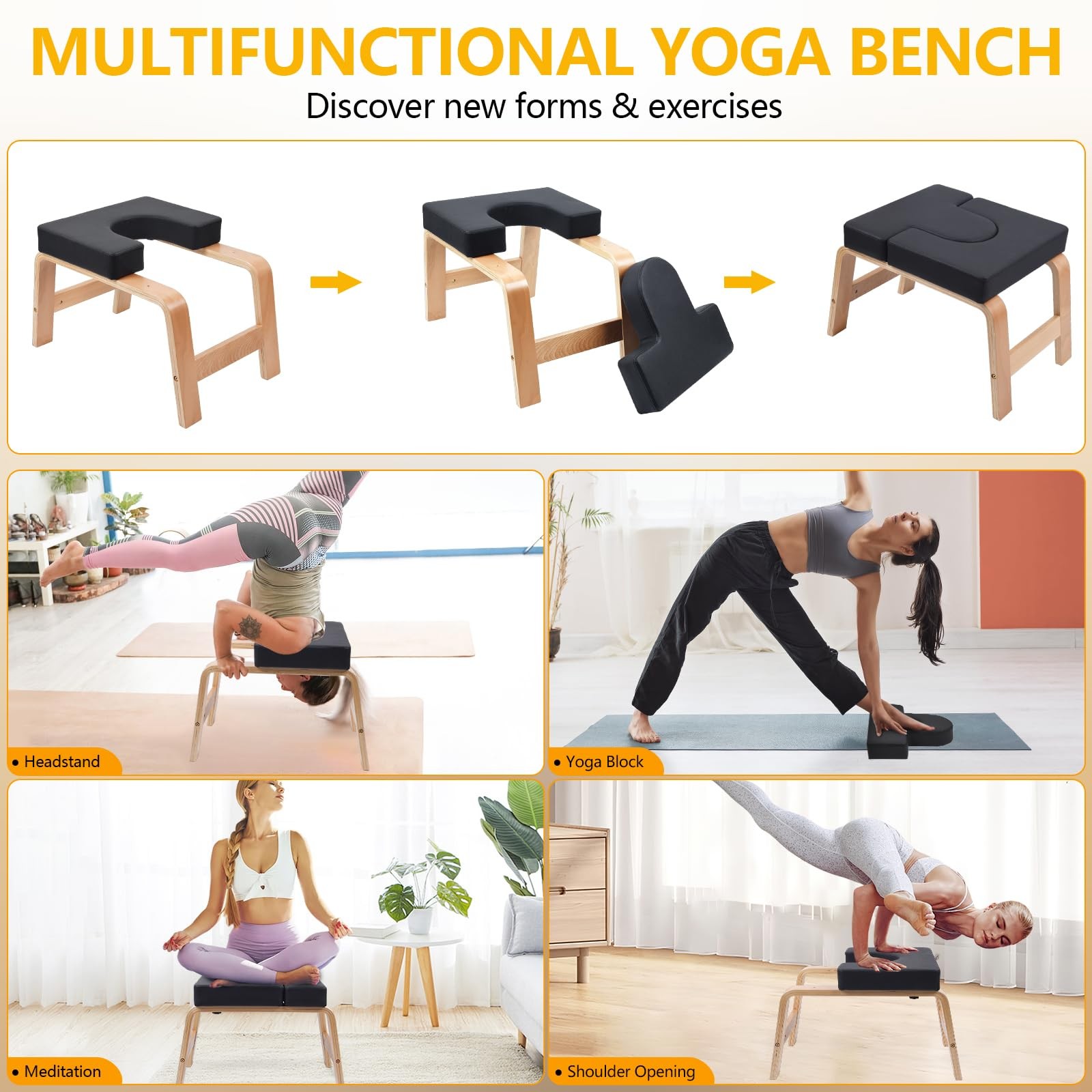 Yoga Headstand Bench, Yoga Inversion Chair, Headstand Trainer with Wood Frame…