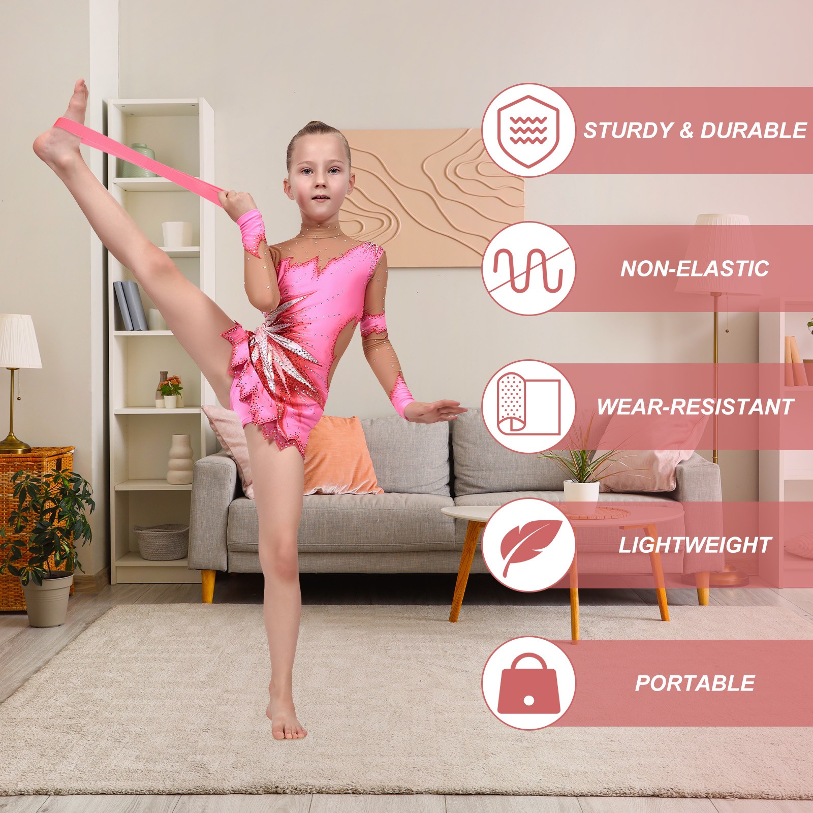 2 Pack 3.3ft Stretch Strap with Loops Cheerleading Stunt Yoga Strap, Pink
