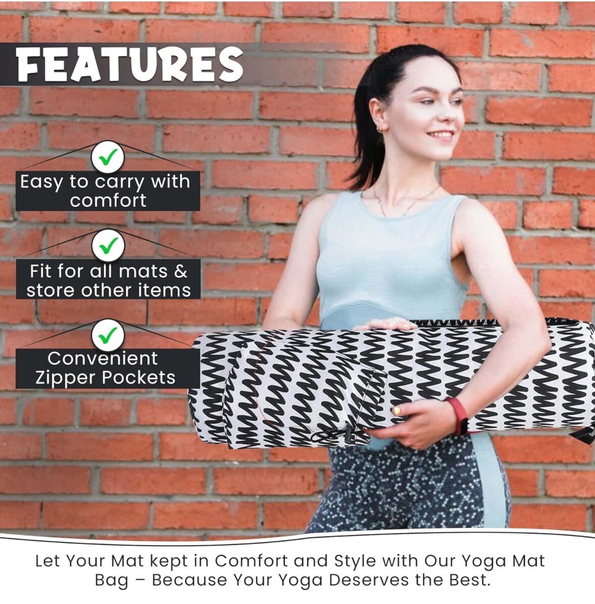 Yoga Mat Carrying Bag Fits Any Mat 2-5” and 27” Long With Pockets & Carry Strap