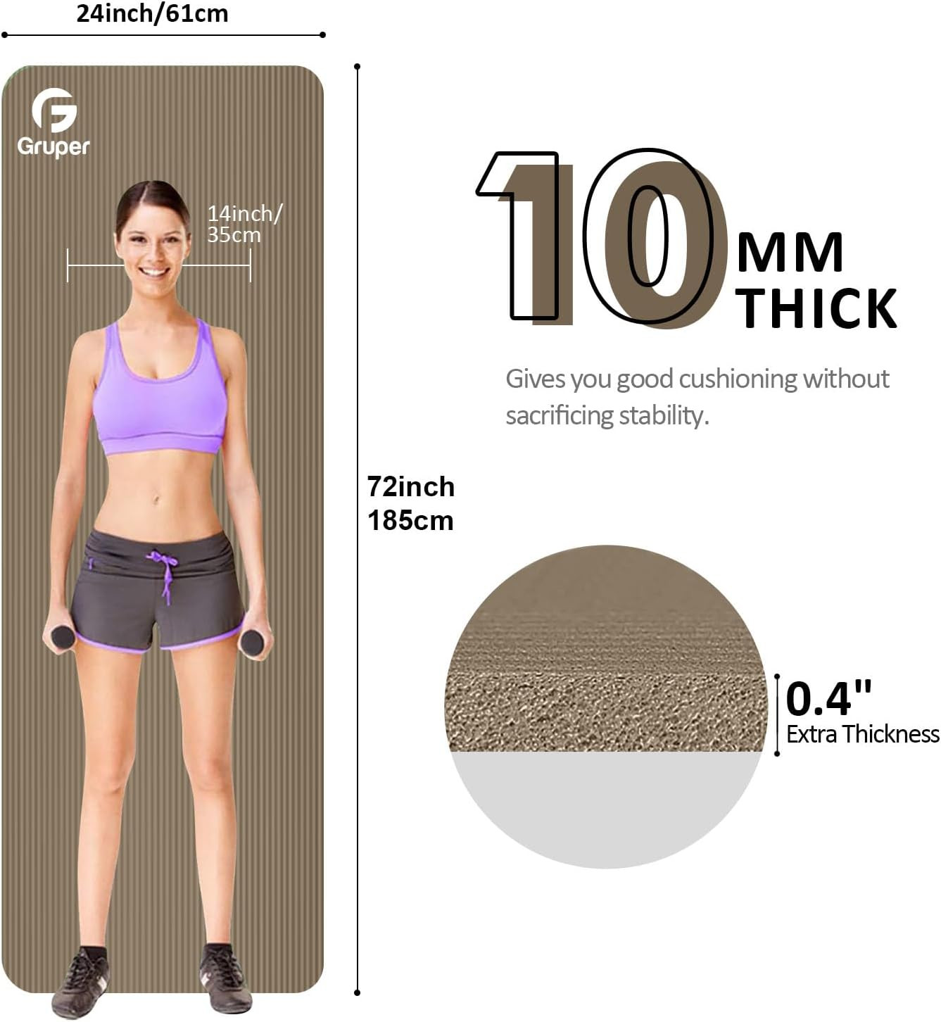 Yoga Mat Non Slip NBR Extra Thick Yoga Mat, 72&Prime;L X 32&Prime;/24&Prime;W X 0.6&Prime;/0.4&Prime;TH (185Cm