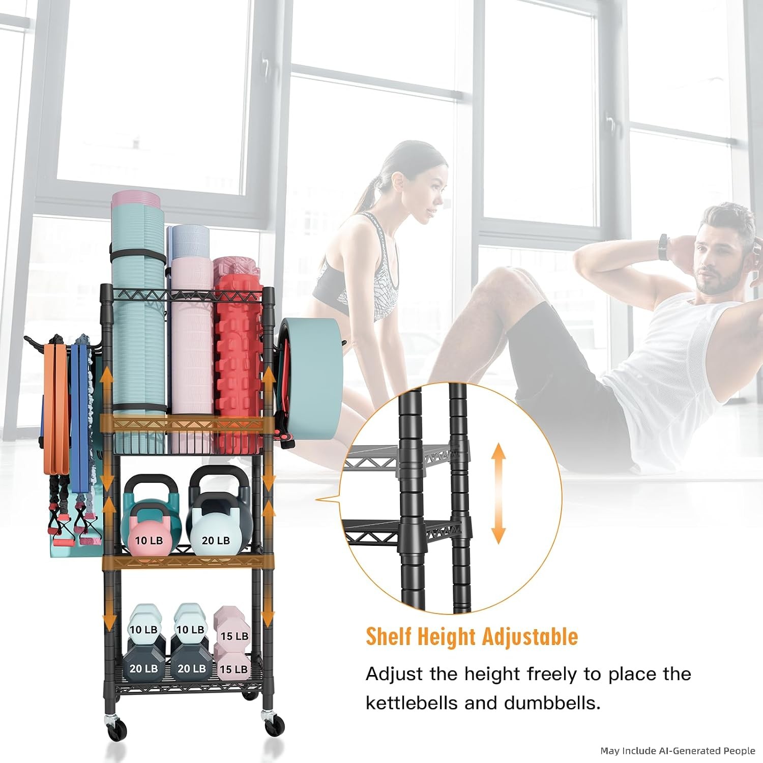 Home Gym Storage 3 Tiers Workout Equipment Organizer W/ Wheels Yoga Mats Foam