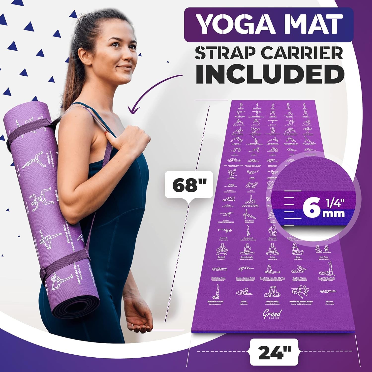 Instructional Yoga Mat with Carrying Strap: Cute Yoga Mat with 75 Illustrated