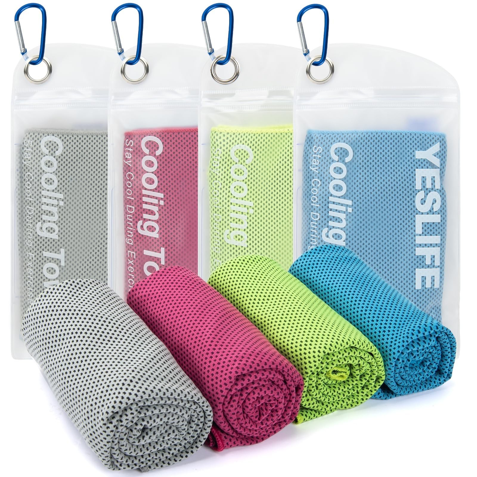 YESLIFE 4 Pack Cooling Towels 40 inches x 12 inches, Blue, Grey, Green, Pink