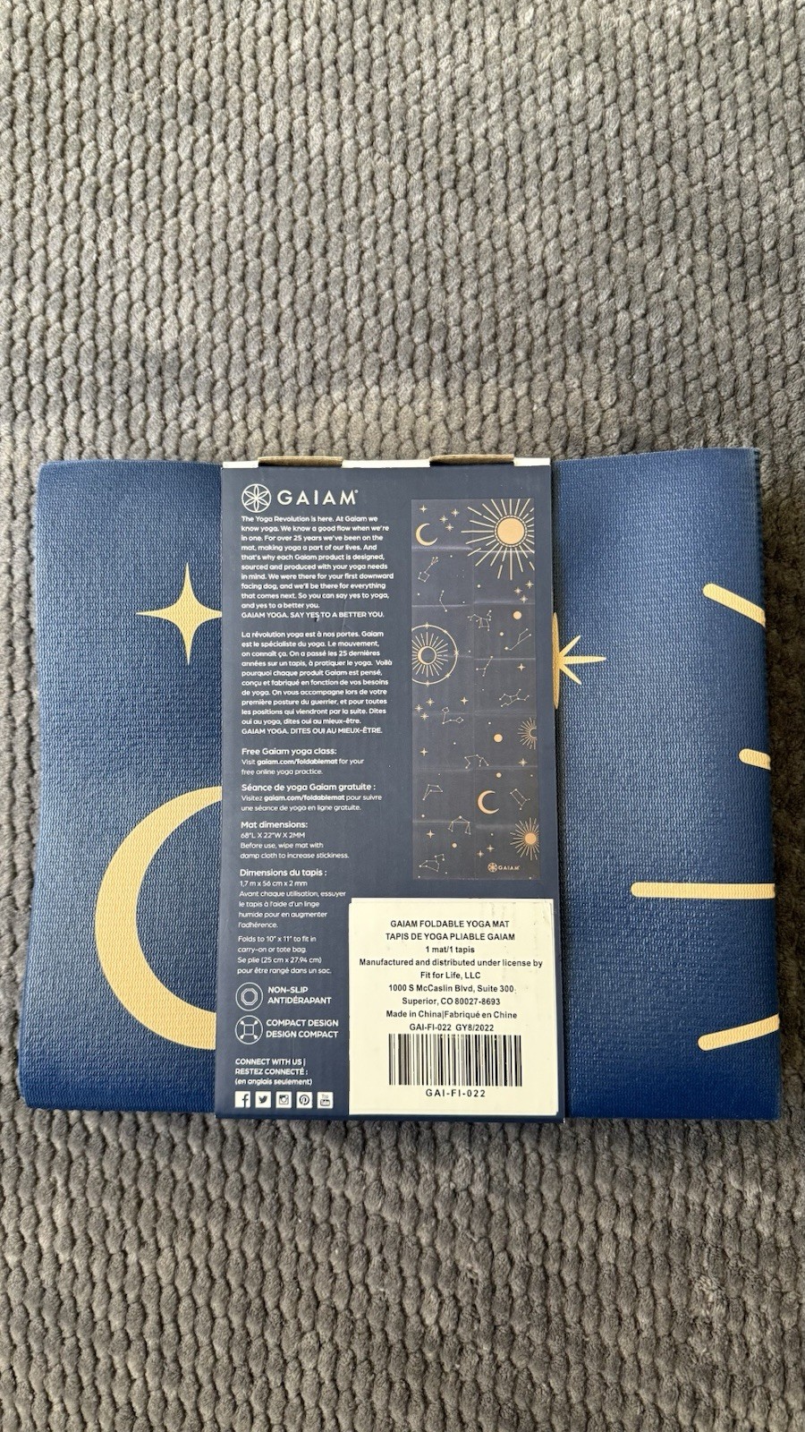 Gaiam Foldable Yoga Mat Non-Slip Compact Blue Gold Sun Design PVC 68&Prime; x 24&Prime;