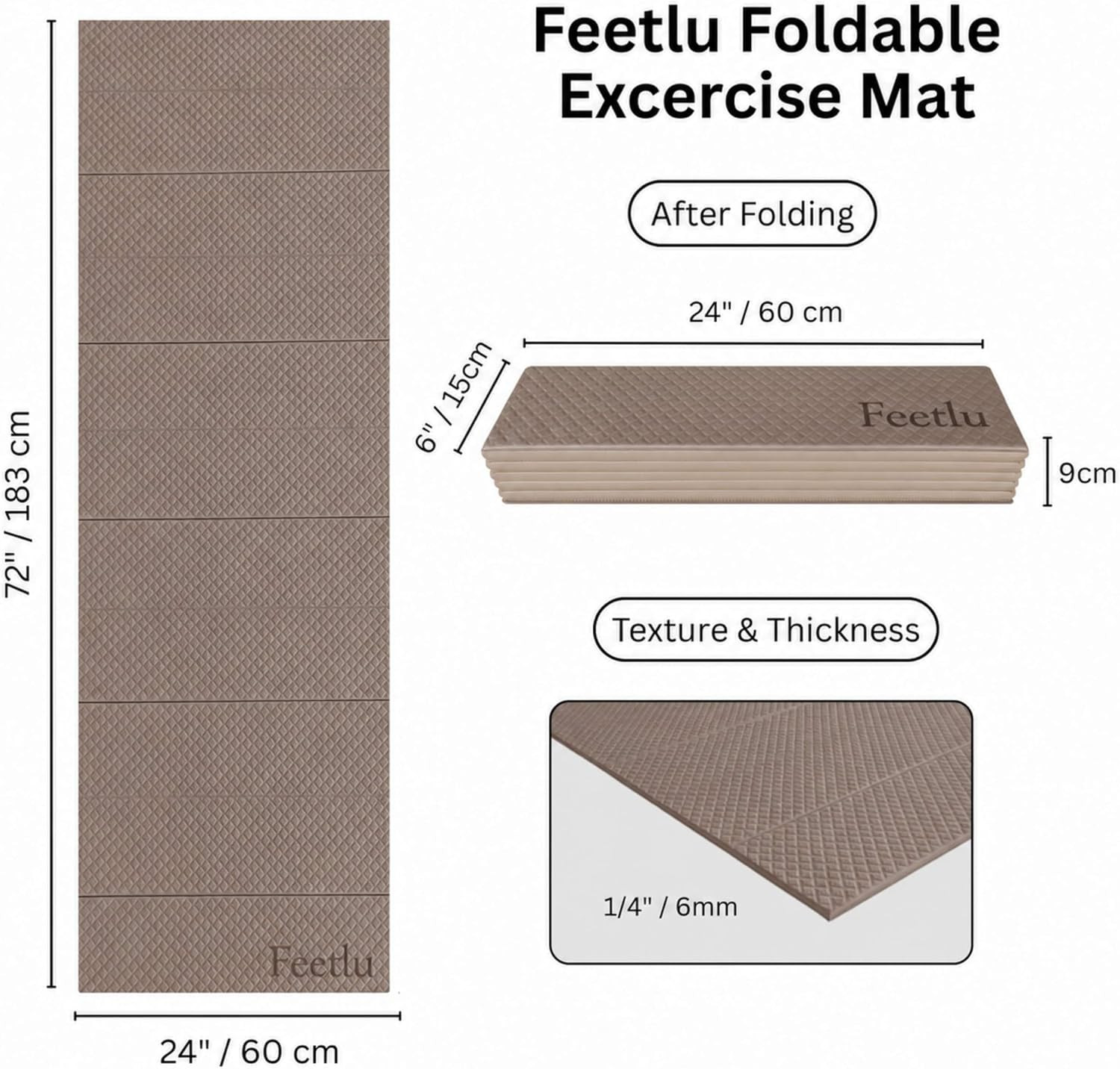 Foldable Yoga Mat – 6mm to 12mm Thickness, Lightweight & Anti-Slip, 72&Prime;x24