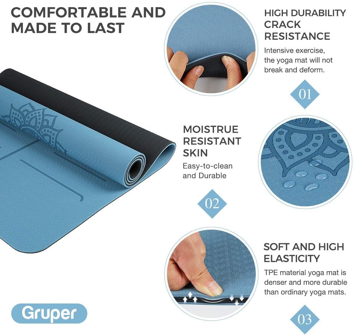 Yoga Mat Non Slip TPE Thick with 0.24*32*72 Inches, Blue Black