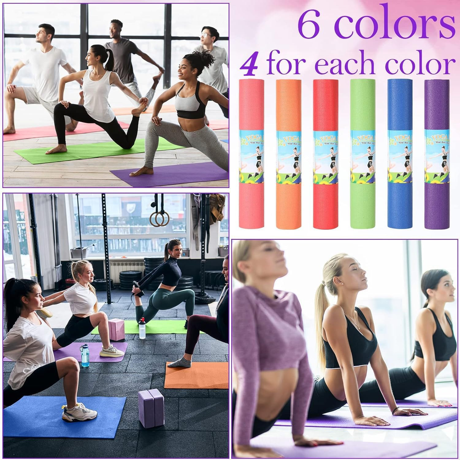 24 Pcs Non-Slip Colorful Yoga Mats for Fitness, Pilates & Workouts