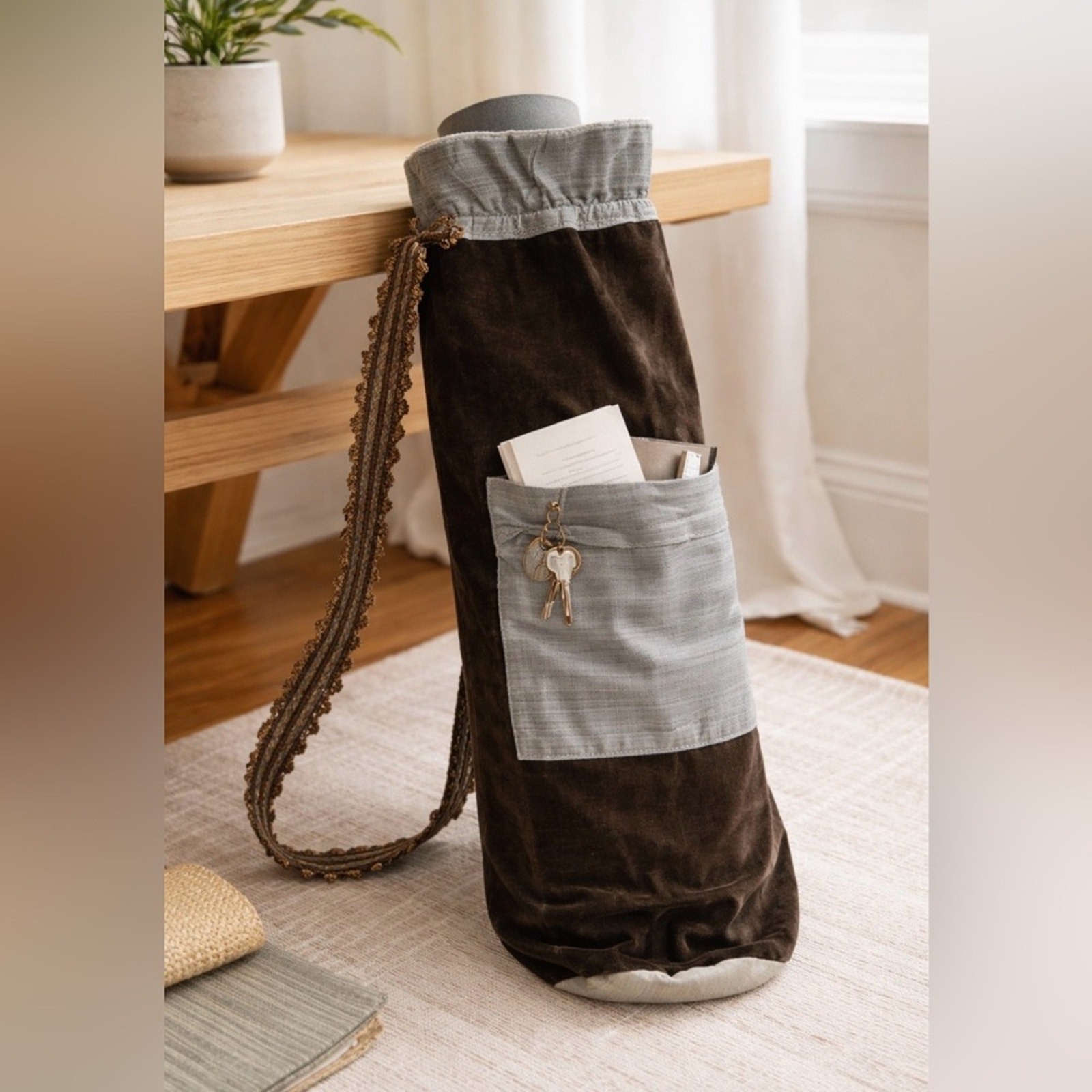 Handmade Velvet Yoga Mat Bag Drawstring Carry Bag w/ Pocket Cotton with Velvet
