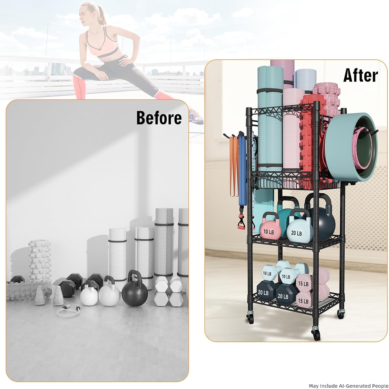 Home Gym Storage 3 Tiers Workout Equipment Organizer W/ Wheels Yoga Mats Foam