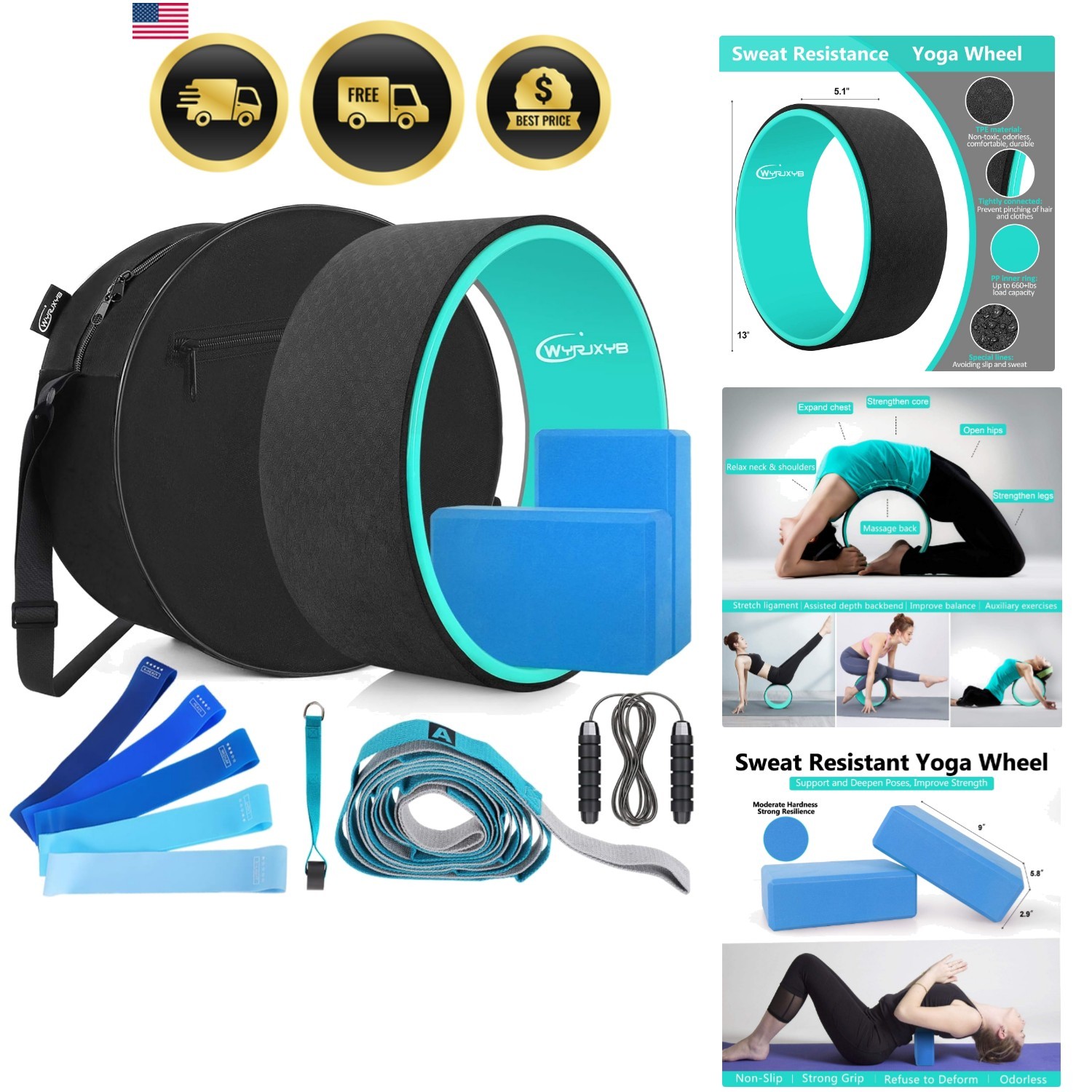 Yoga Wheel Set 11-in-1 Back Roller Blocks Resistance Bands Jump Rope