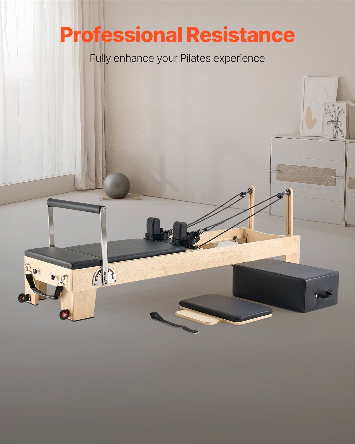 400lb Solid Maple Pilates Reformer, Spring & Cord System, Foam Shoulder Pads