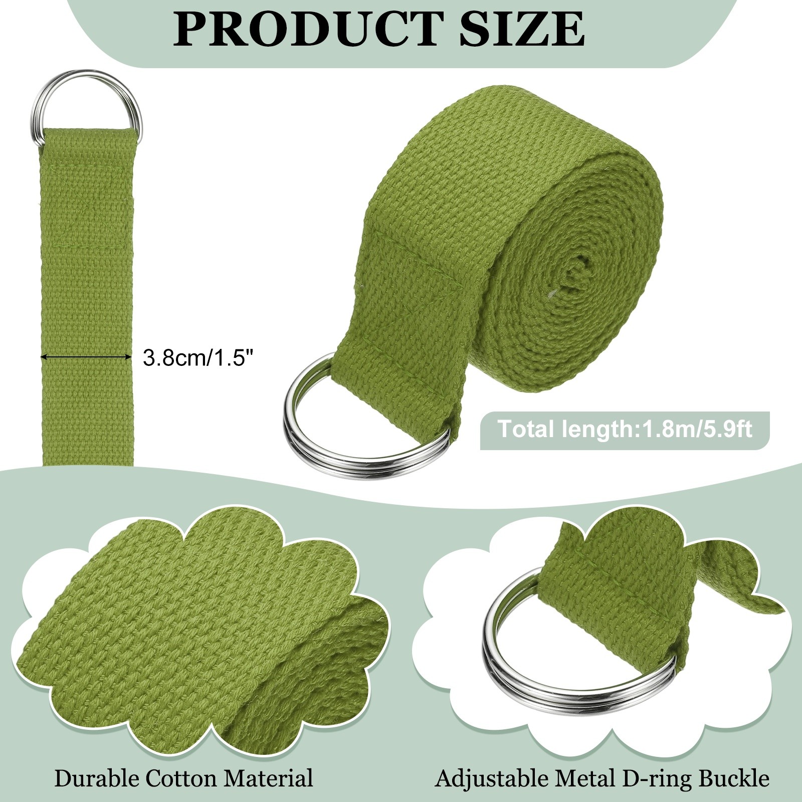 Yoga Strap with Adjustable Metal D Ring Buckle, 5.9ft & Dark Green