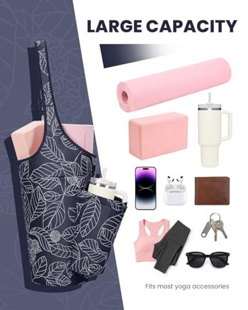 Large Navy Blue Yoga Mat Bag for Women with Drawstring Pocket & Inner Pocket
