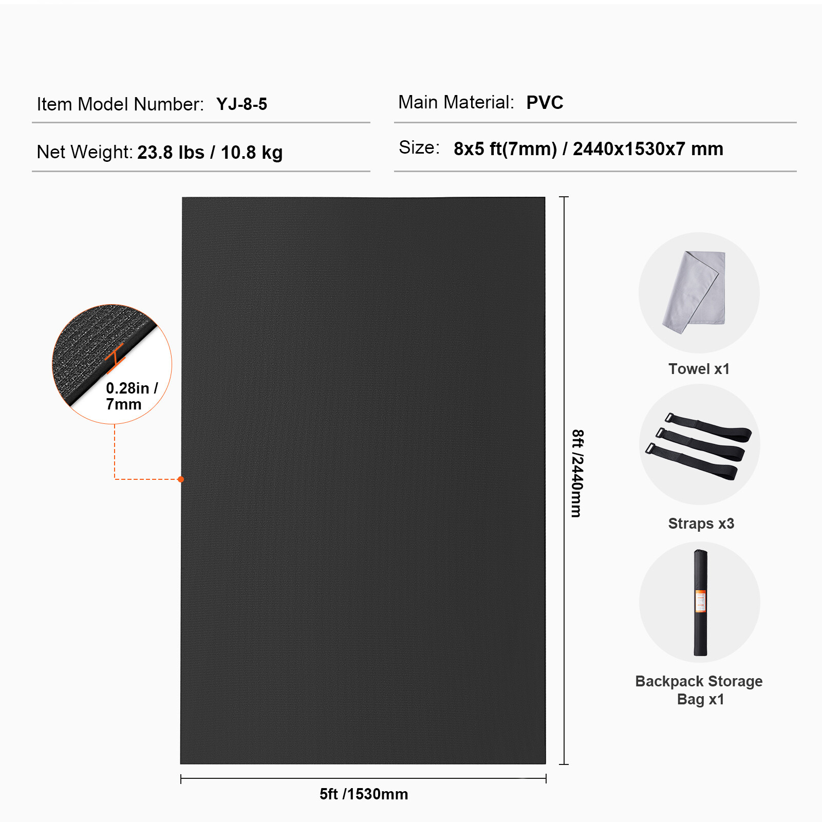 VEVOR Exercise Mat Non Slip Yoga Mat Gym Fitness Pilate Workout Mat (8x5ft)