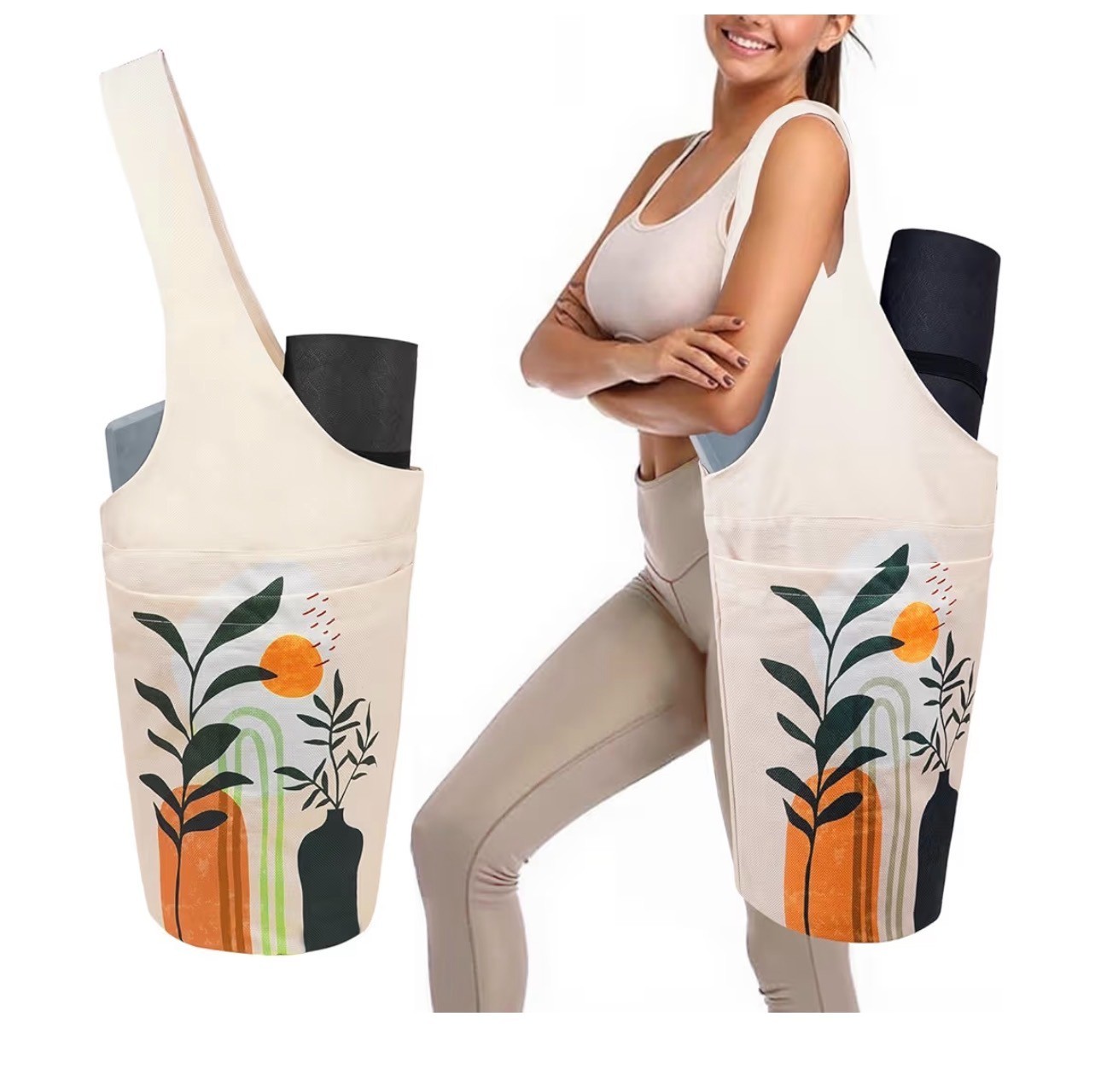 Yoga Mat Carrier Bag Boho Plants Tote Shoulder Gym Pilates Pocket Bag