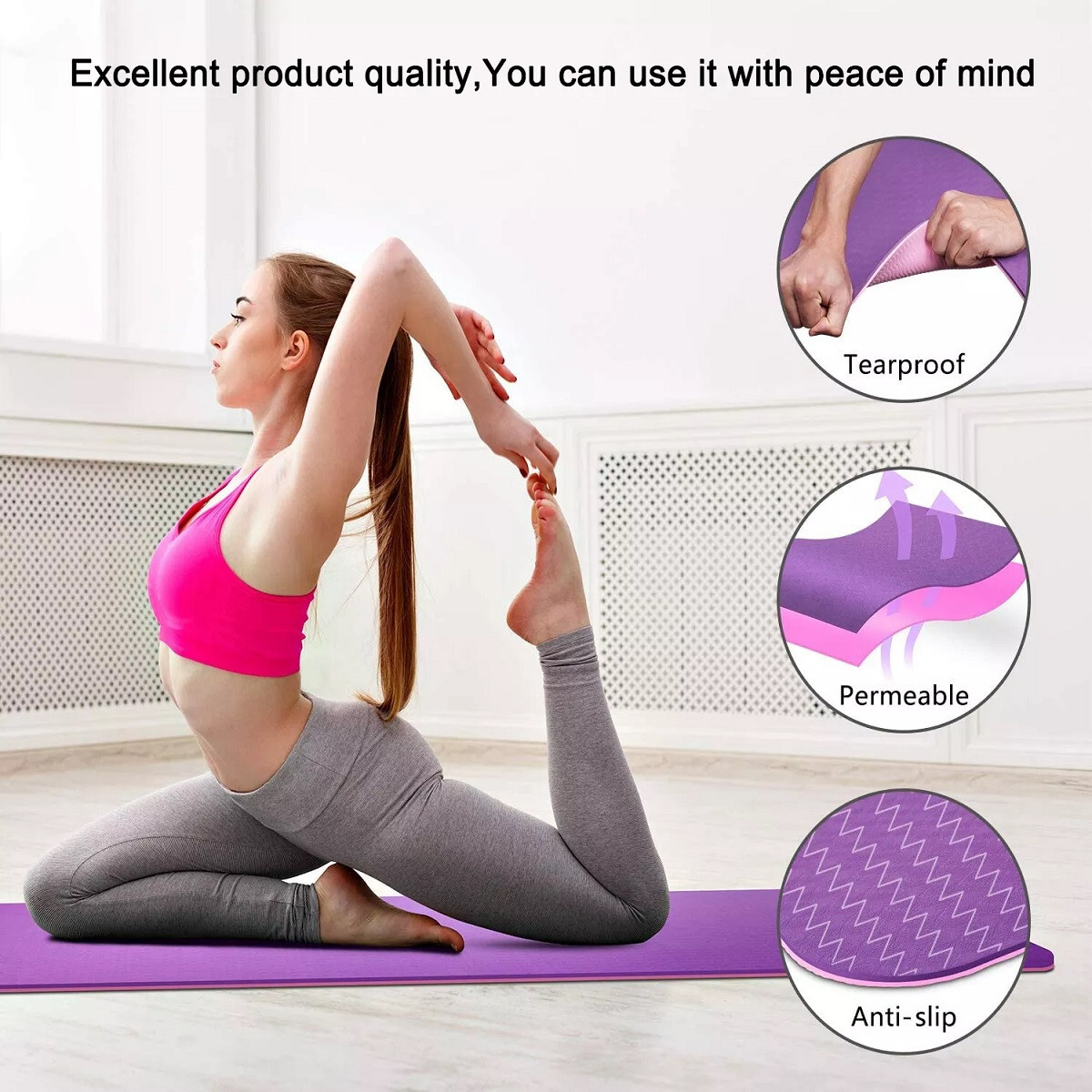 Thick Yoga Mat Carrying Strap Eco Friendly TPE Purple Non Slip 72&Prime; x 24&Prime;