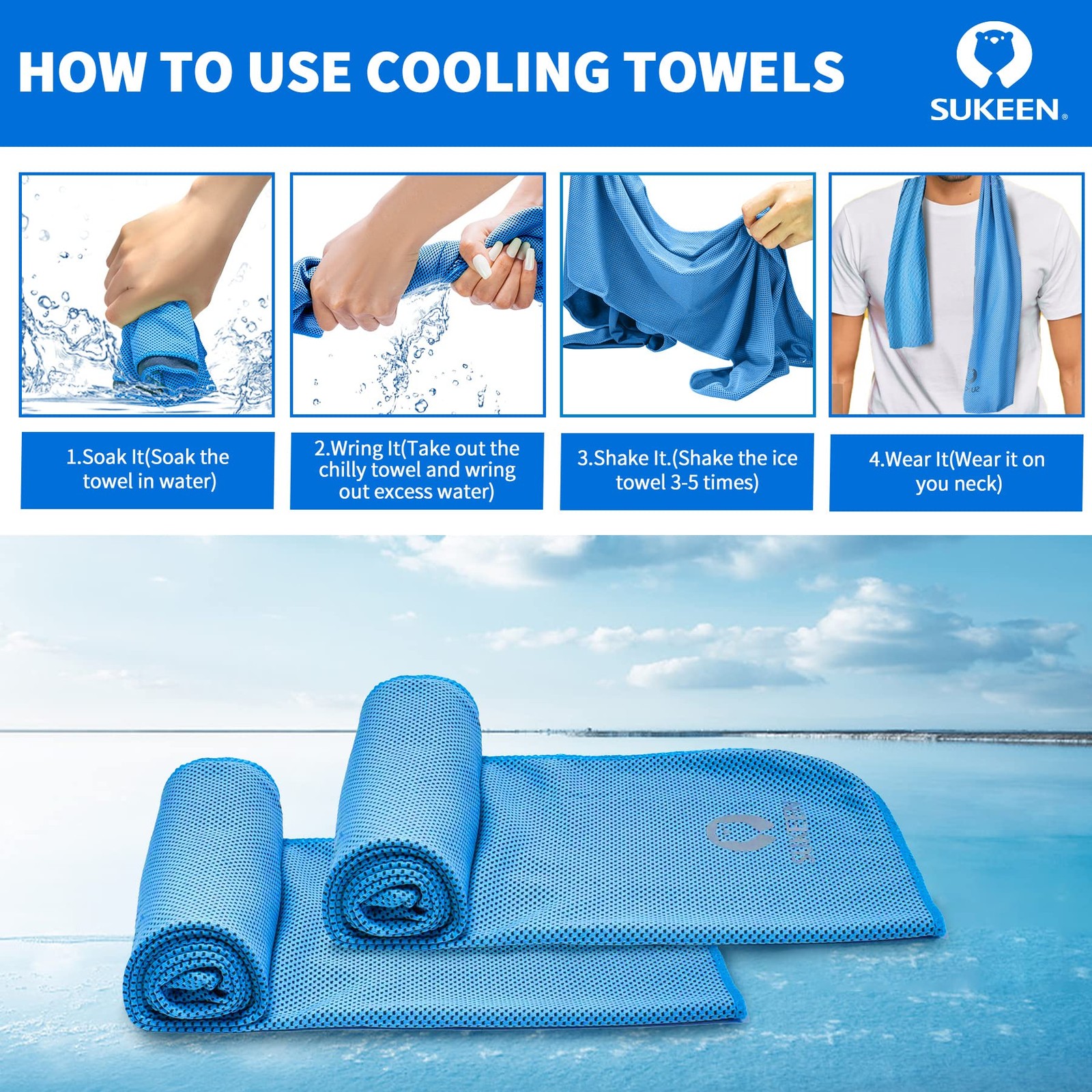 Sukeen Cooling Towel 40&Prime; x 12&Prime;, Blue/Purple/Dark Blue/Pink/Green/Grey