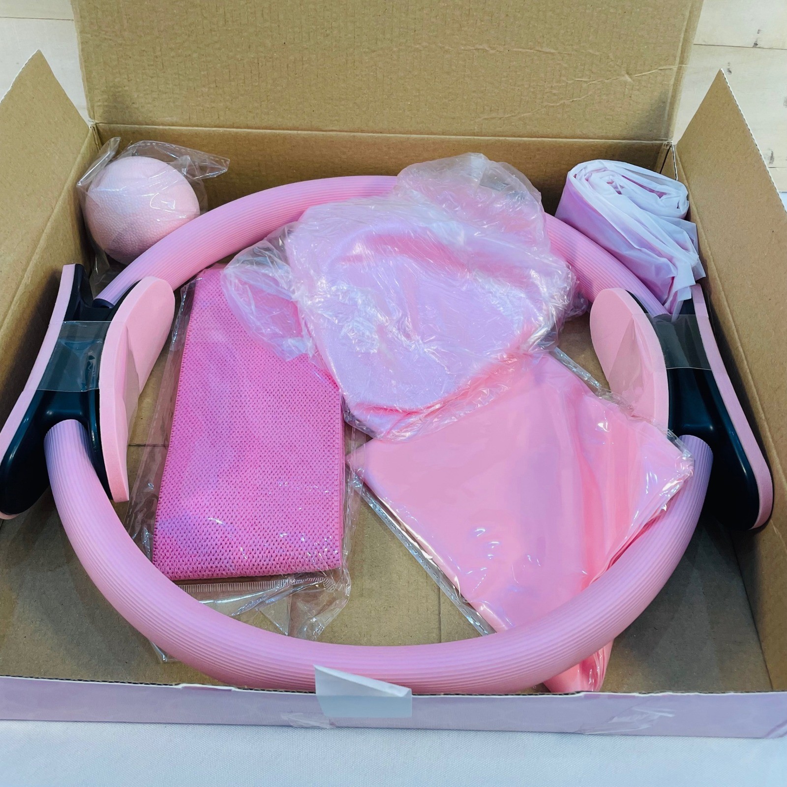 GiftinBox Pilates Essentials Kit Home Workout Set Pink Resistance Band Ring Ball