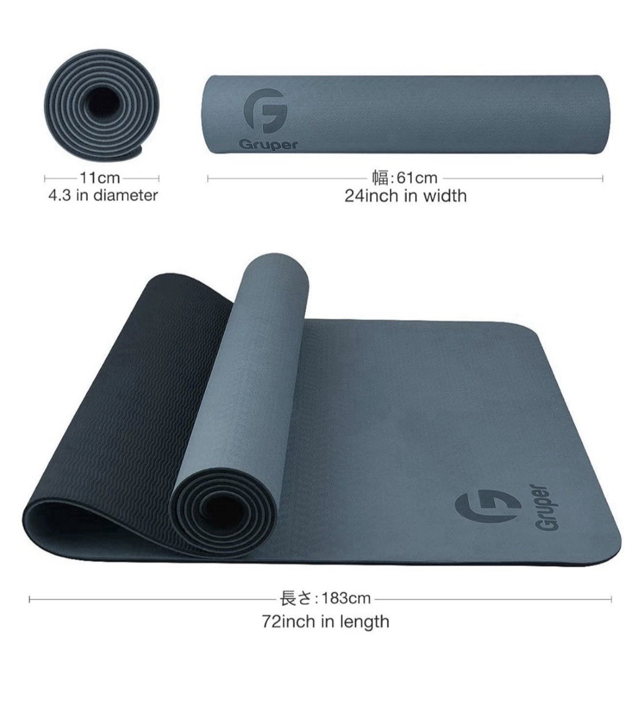 Gruper Non-Slip Foam Yoga Mat 72x24in Blue Black with Carry Bag