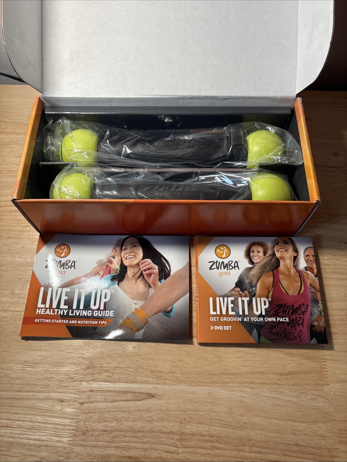 ZUMBA Gold Live It Up Set Dance Fitness Workout Dvds Toning Sticks Guide OpenBox