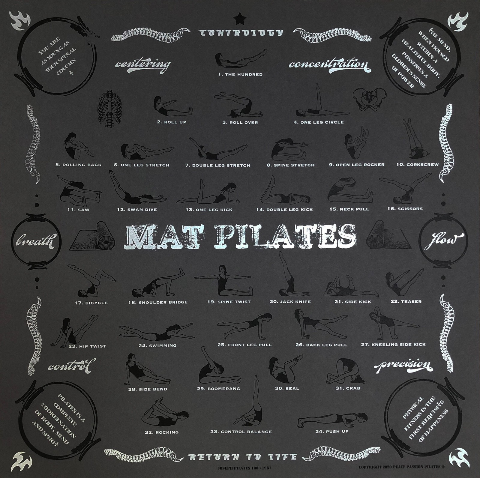 Pilates Wall Chart Art Poster, Mat Pilates Matwork Exercise Guide, Workbook Prop