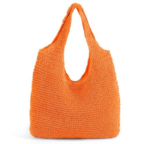 Hand-woven Soft Large Straw Shoulder Bag Boho Straw Handle Tote Retro Orange