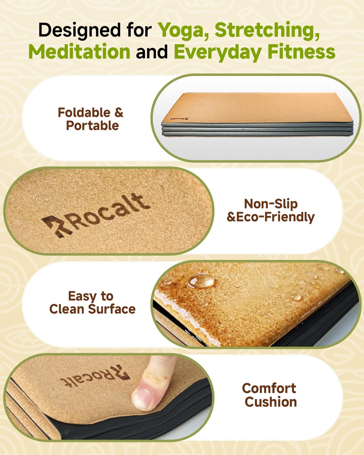 Foldable Cork Yoga Mat, Non-Slip Lightweight Exercise Mat for Travel, Packabl…