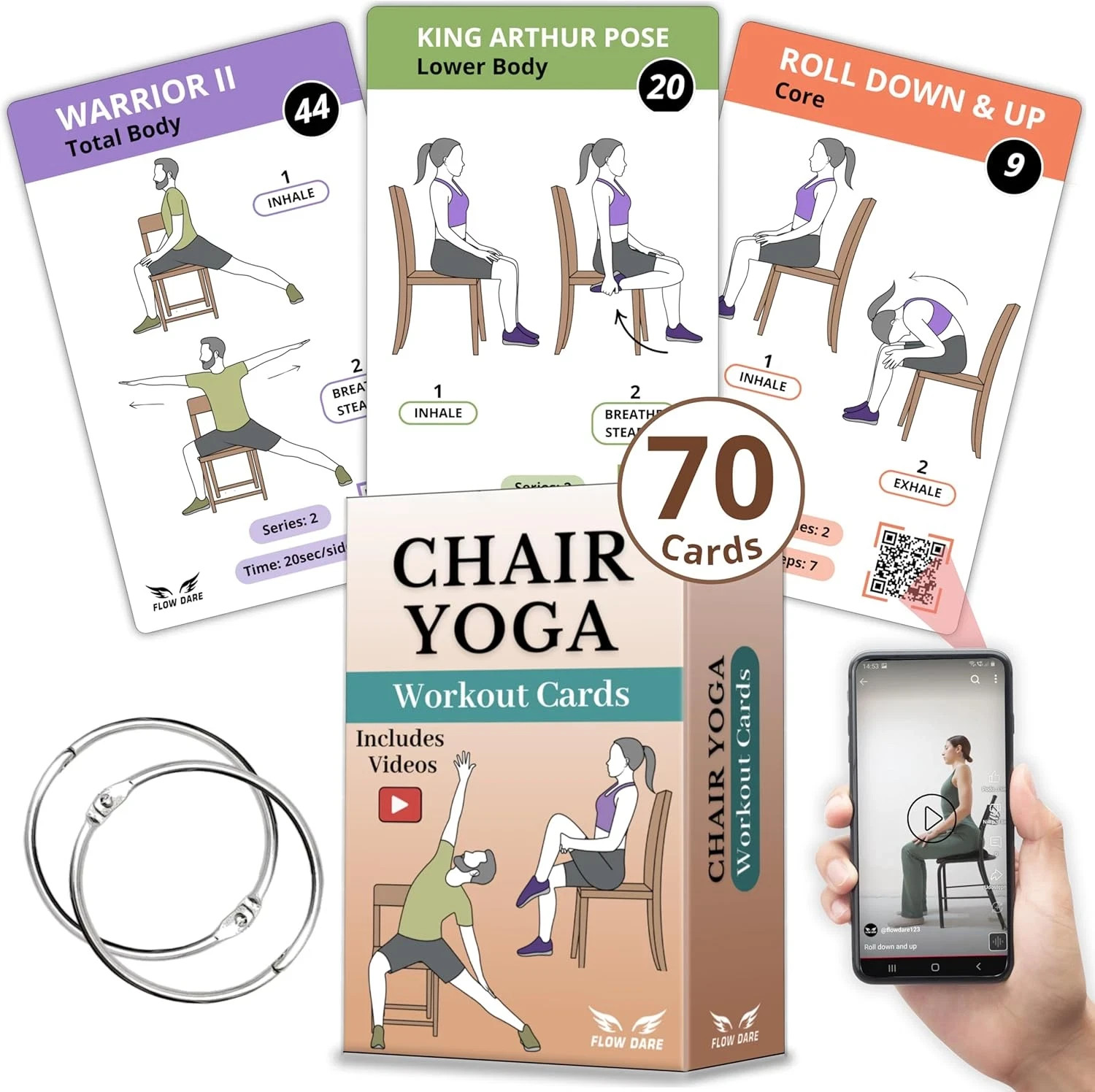 Chair Yoga for Seniors over 60 – 70 Exercise Cards with Videos & Workout Plan –