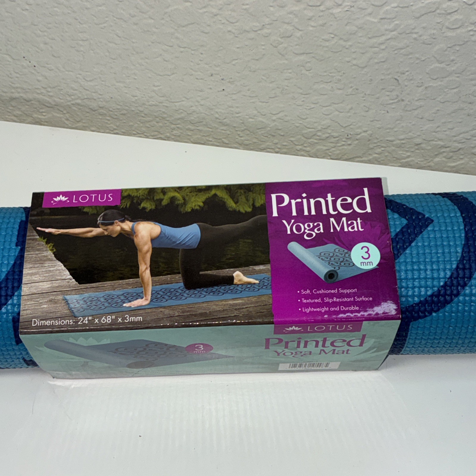 NEW Lotus Printed Blue Yoga 3mm Mat Cushioned Support Textured 24&Prime;x68&Prime;