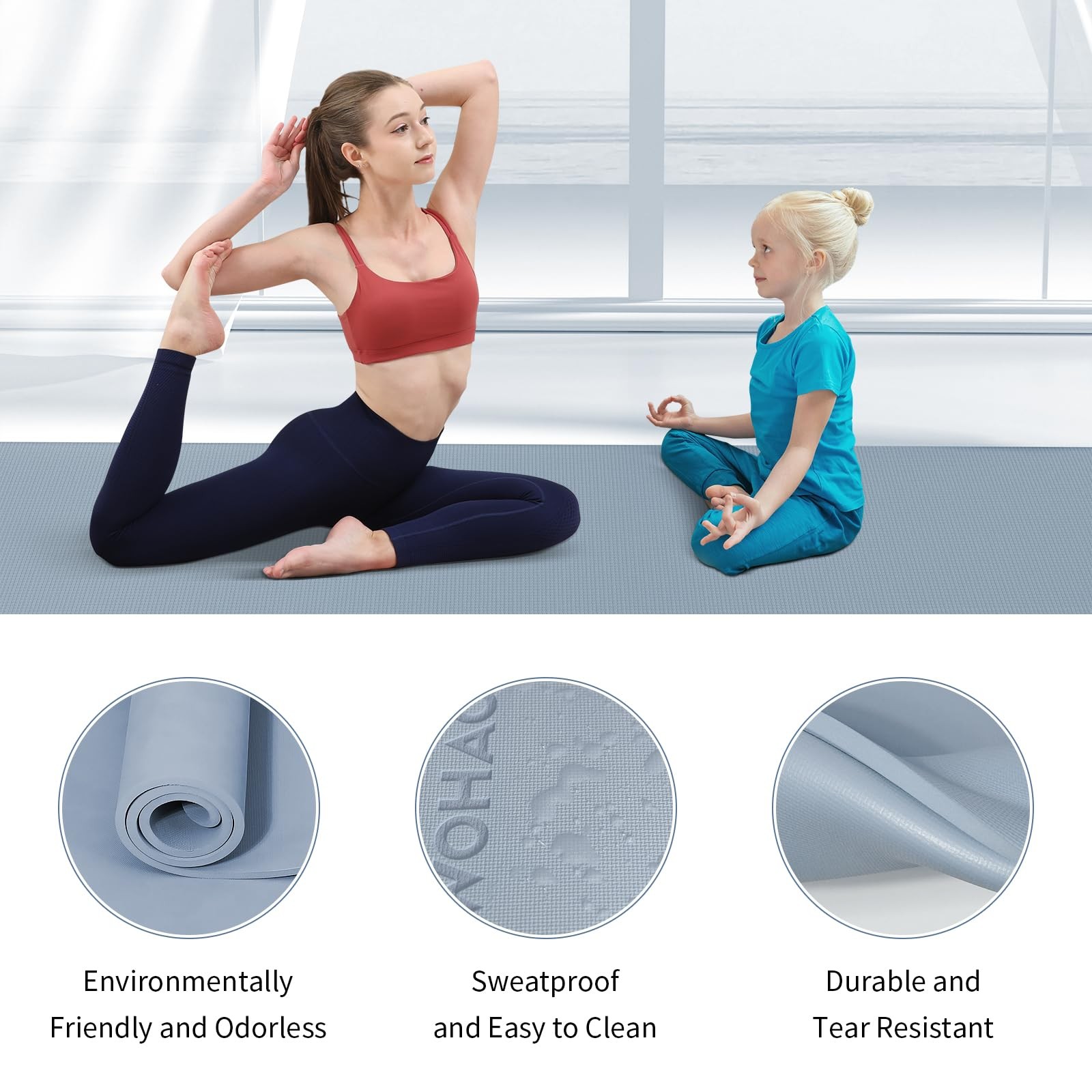 WOHAO 8mm Thick Non-Slip Yoga Mat – Large 72 inches x 32 inches, Haze Blue
