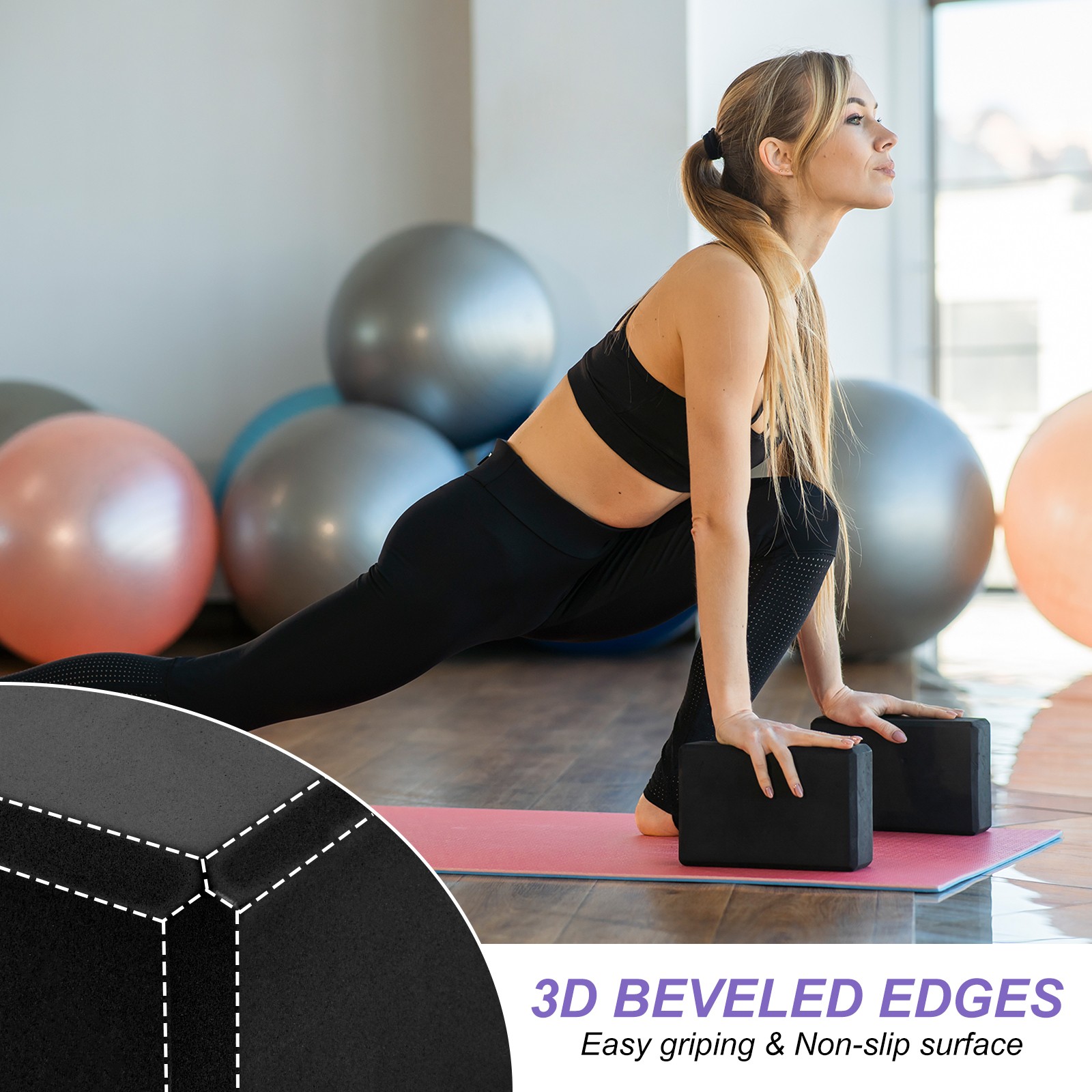 2Pcs Yoga Blocks and 1Pcs Black Resistance Band Set EVA Black Yoga Blocks
