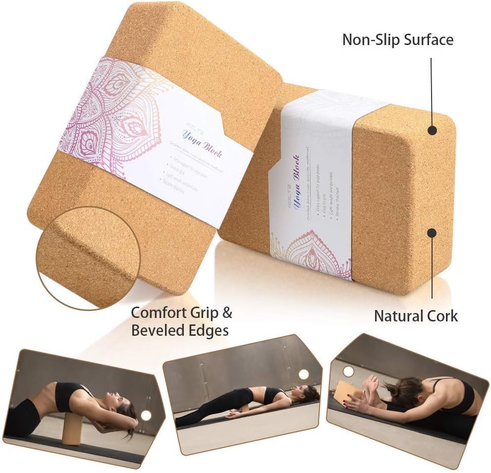 2 Pack Cork Yoga Blocks with Yoga Strap Set – 4 x 6 x 9 inch