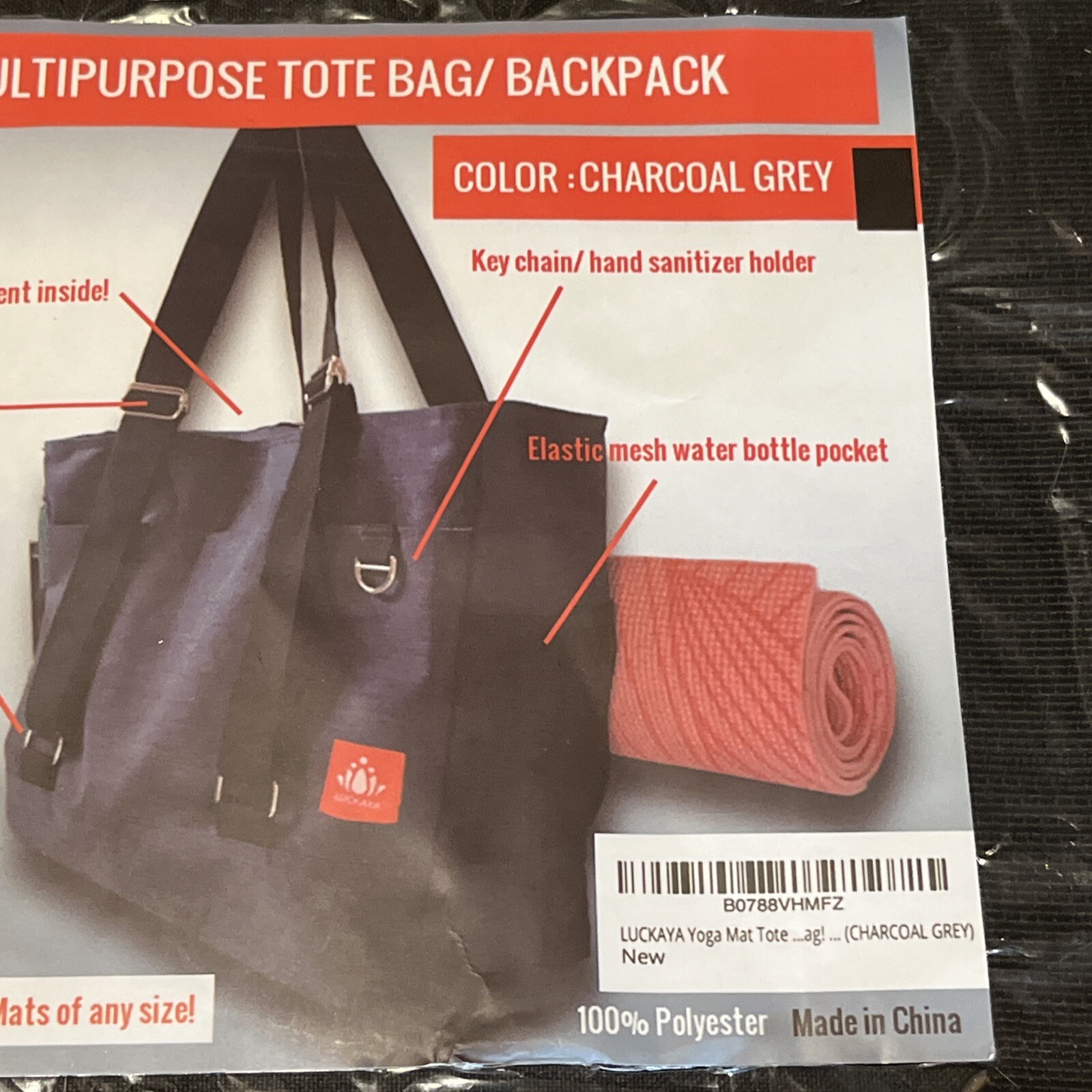 Luckaya Charcoal Grey Yoga Mat Tote Bag – New In Original Bag – Multipurpose