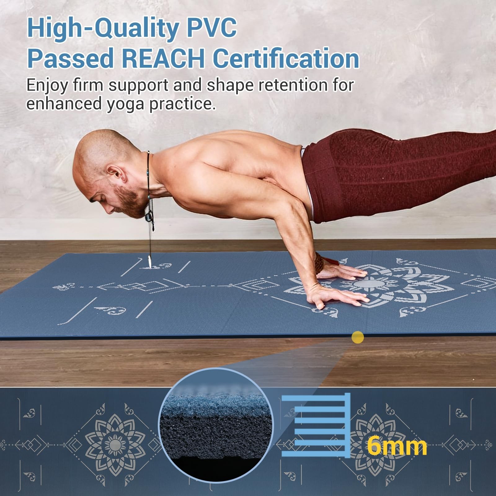 Travel Yoga Mat Foldable | 6mm Thick Large Pilates Mat Print | Non-Slip High Den