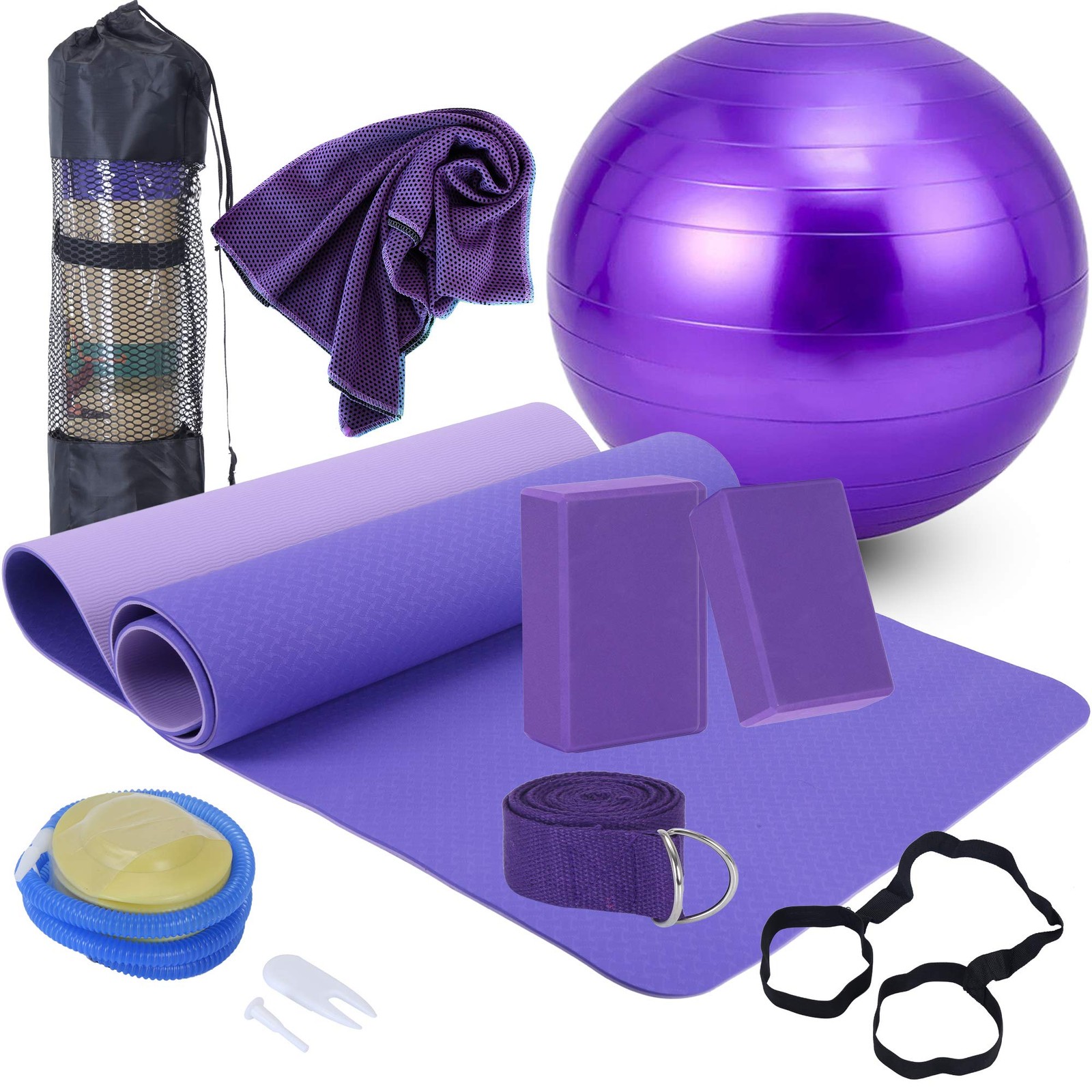 Yoga Starter Kit 11piece Set With Yoga Blocks Strap Ball Mat Carrying Strap Net