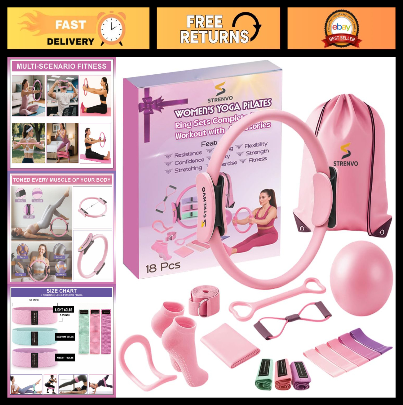 18 Pcs Yoga Pilates Ring Set – Home Workout Fitness Kit for Women, Toning & Resi