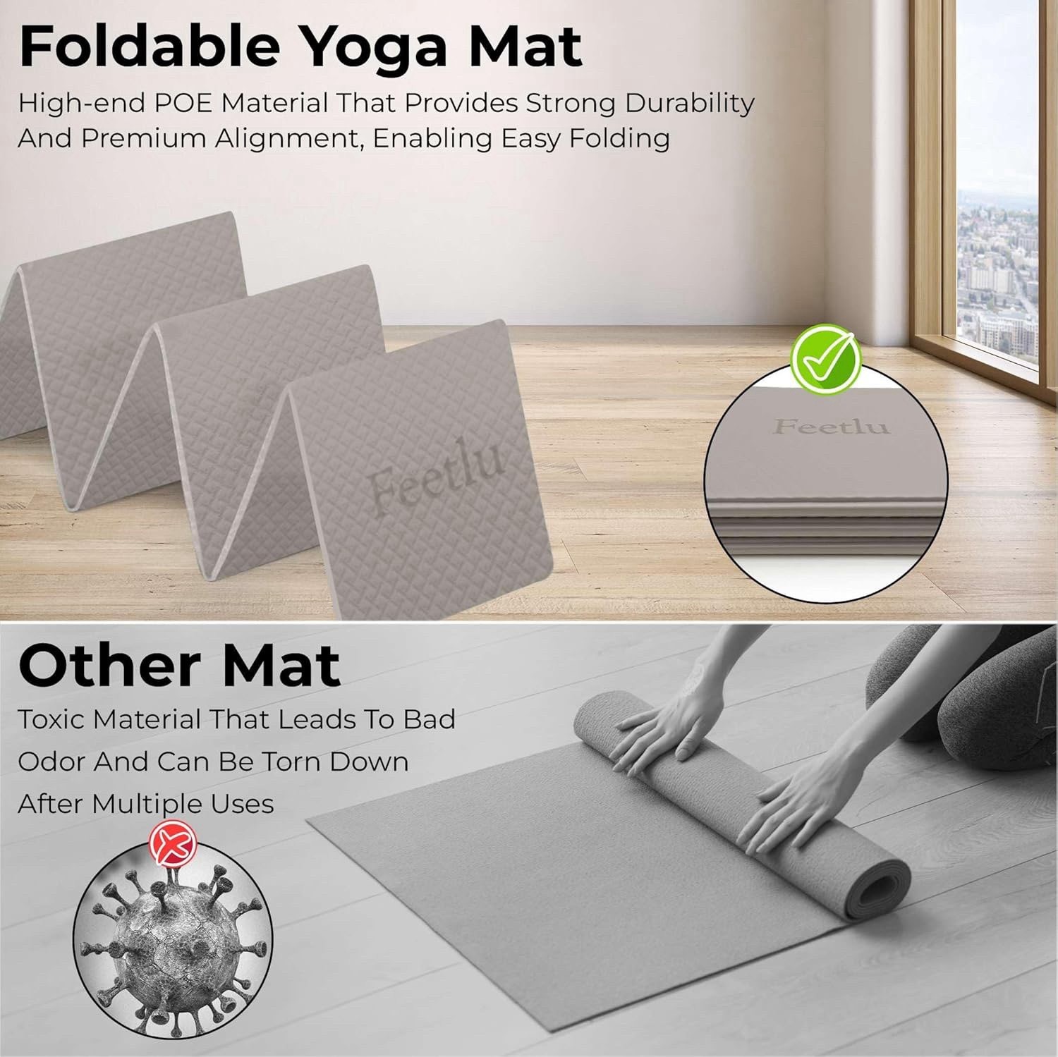Foldable Yoga Mat, 6mm, Non-Slip, Lightweight, 72”x24”, Travel Mat, Gray