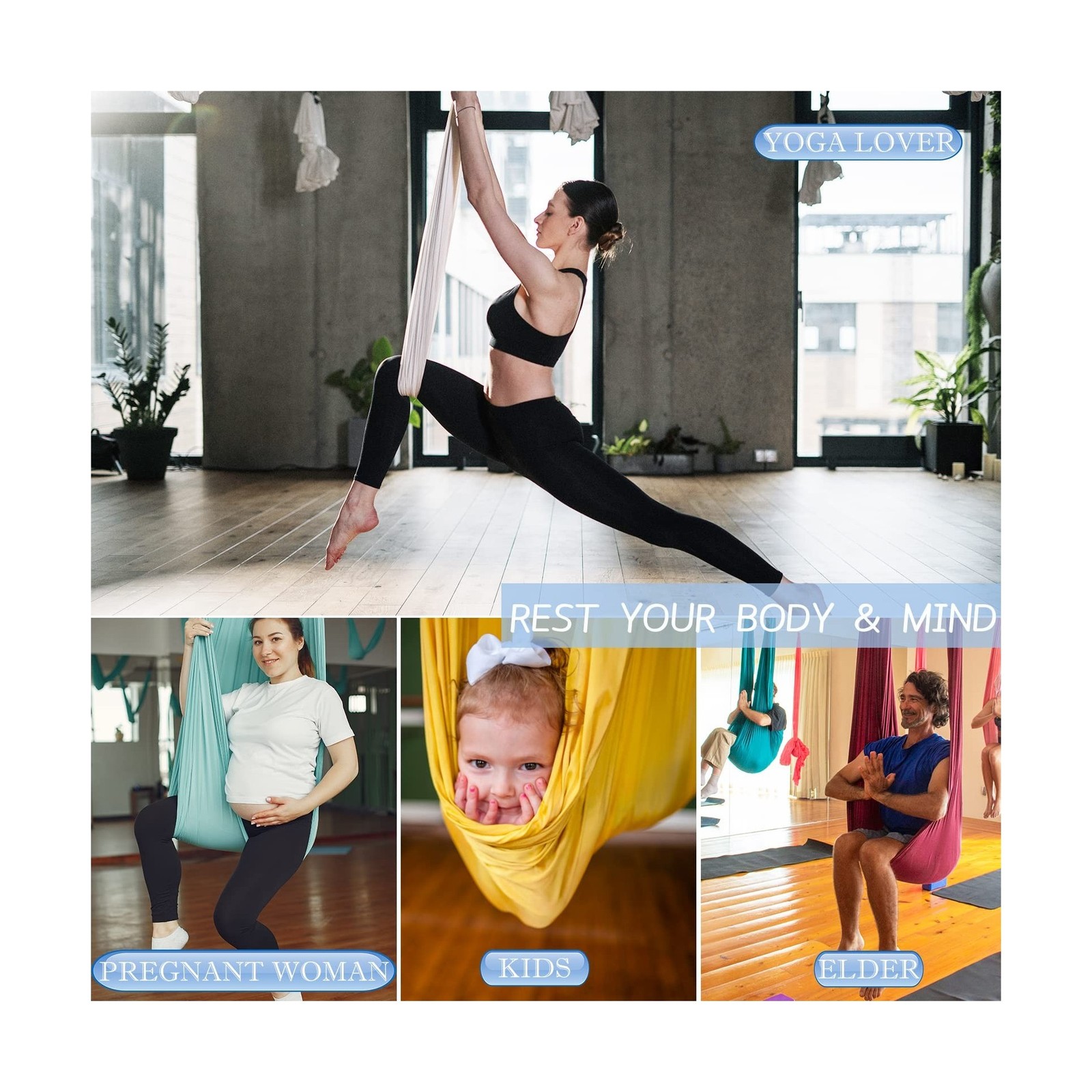 5.5 Yards Aerial Silks Yoga Swing Set – Aerial Yoga Hammock Kit… Fast USA SHIP