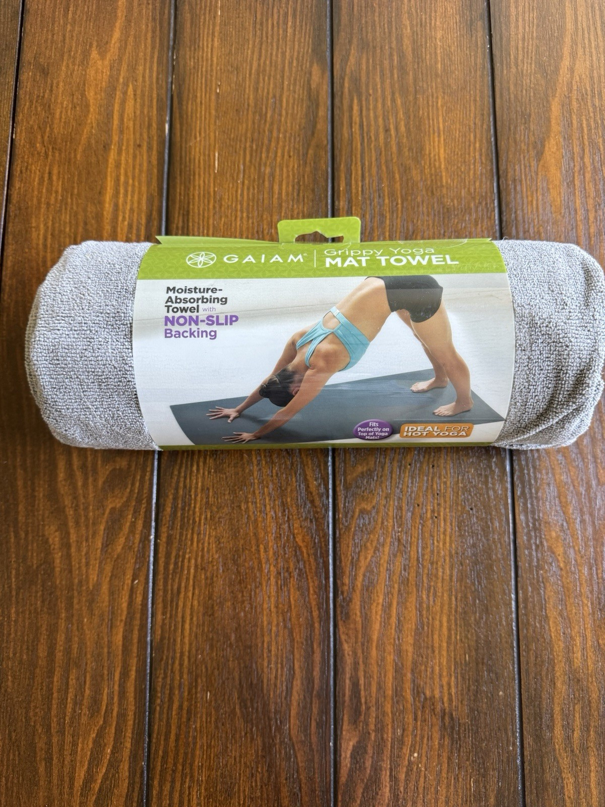 Gaiam Grippy Yoga Mat Towel Non-Slip Moisture-Absorbing 24×68 Gray/Green