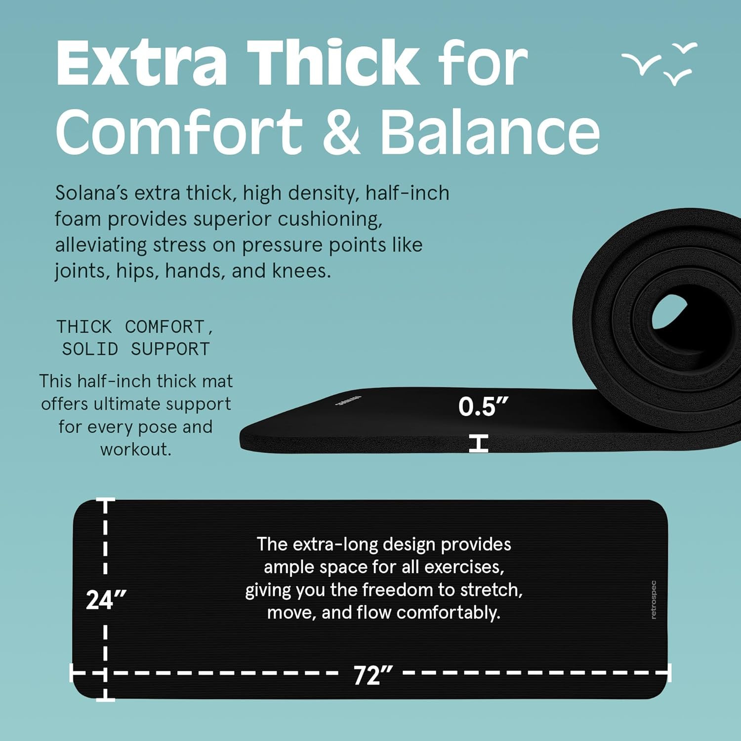 Solana Yoga Mat Thick 1/2In Non-Slip Workout Mat with Nylon Strap – 72X24In Exer