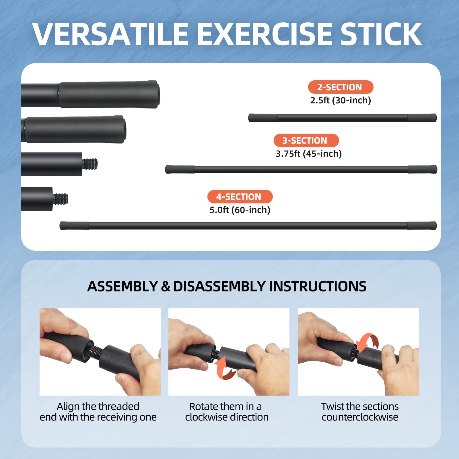 Adjustable Yoga Stick 30/45/60 in, Fully FoamSleeved Steel Stretching & Mobil…