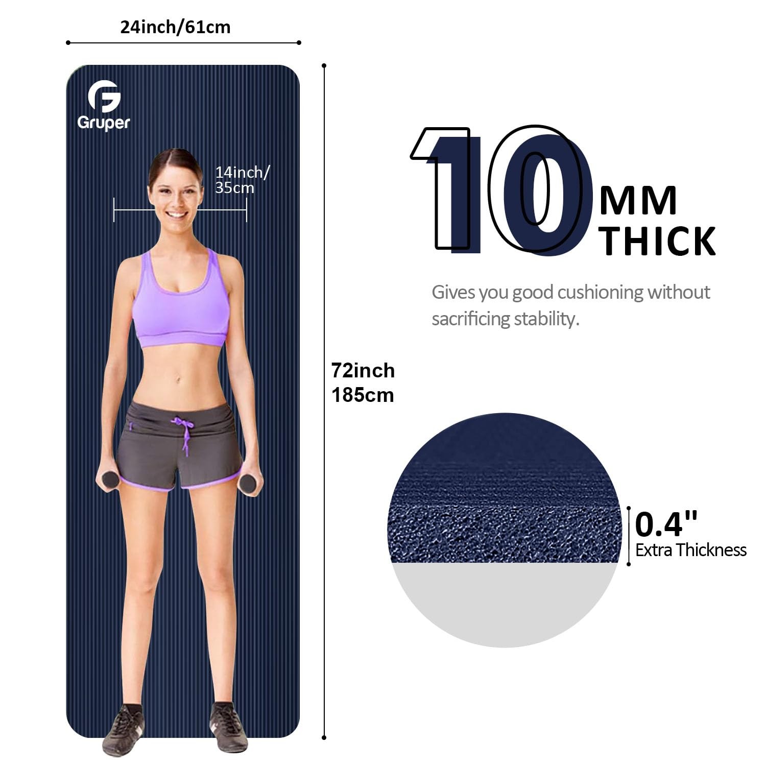 Gruper Thick Yoga Mat Non Slip, Large Size 72 x 24 x 0.4 inches, Navy Blue