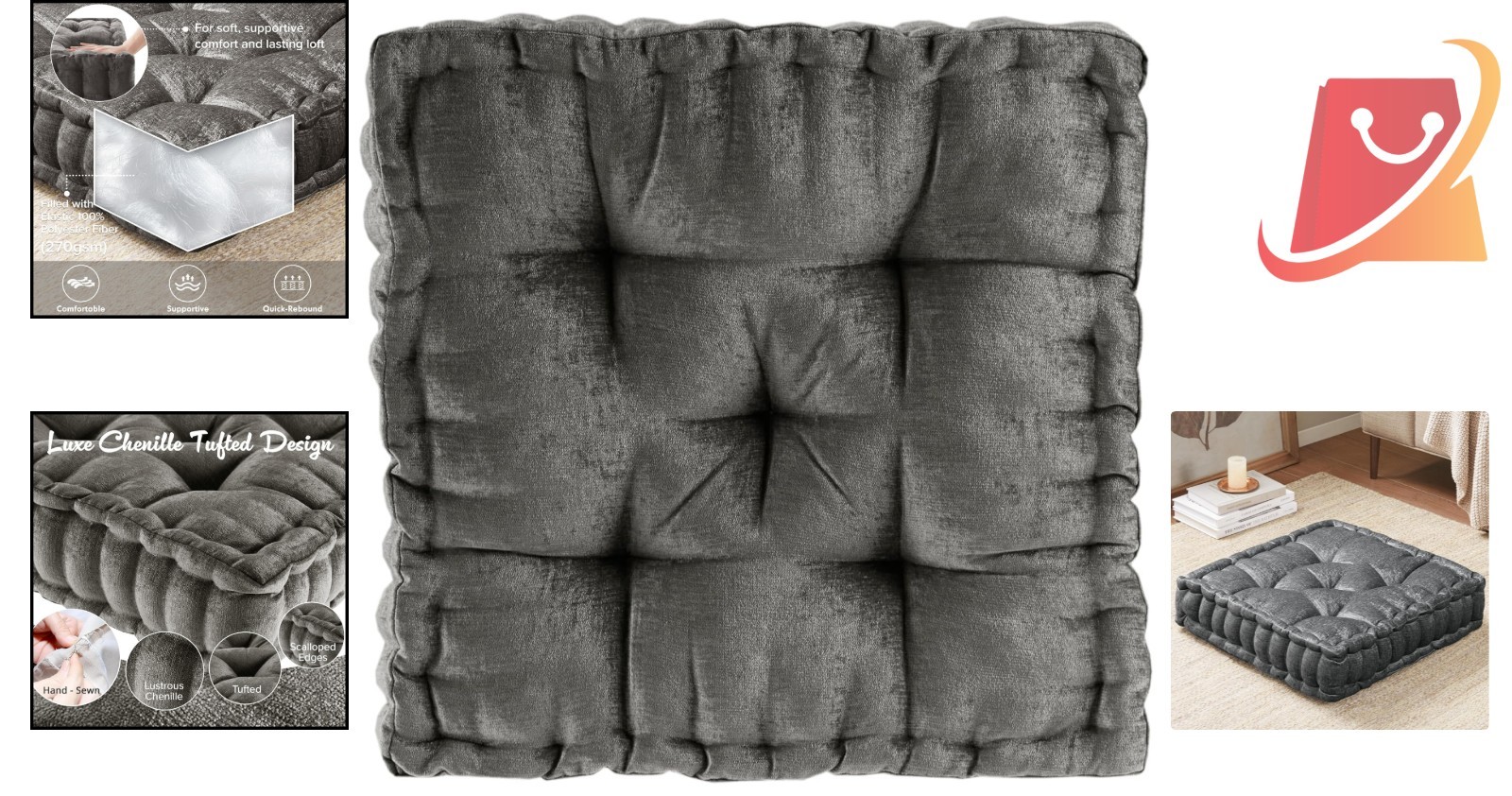 Large Chenille Floor Pillow 20x20x5 Inches Meditation Yoga Cushion Lounge