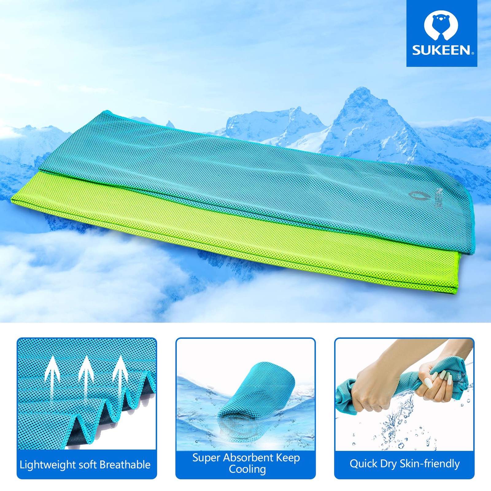 Sukeen 4pack Cooling Towel (40&Prime;x12&Prime;), 40&Prime; x 12&Prime;, Grey/Green/Pink/Lake Blue