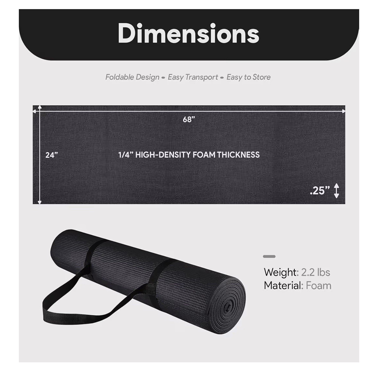 All Purpose 1/4-Inch High Density Exercise Yoga Mat w/ Carrying Strap 24” x 68”