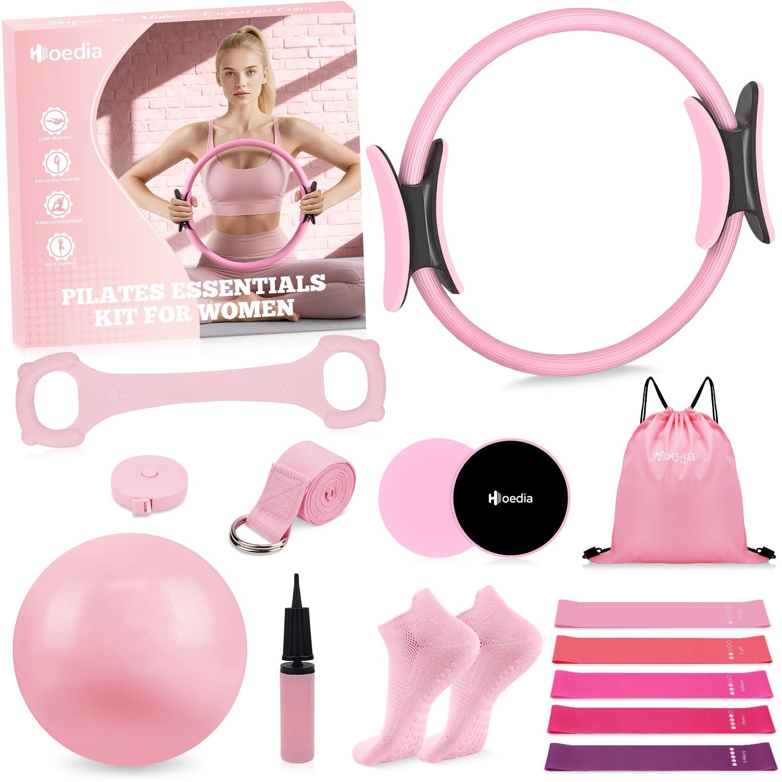 Hoedia Pilates Kit for Women, Equipment Ring and Ball Set with Pink
